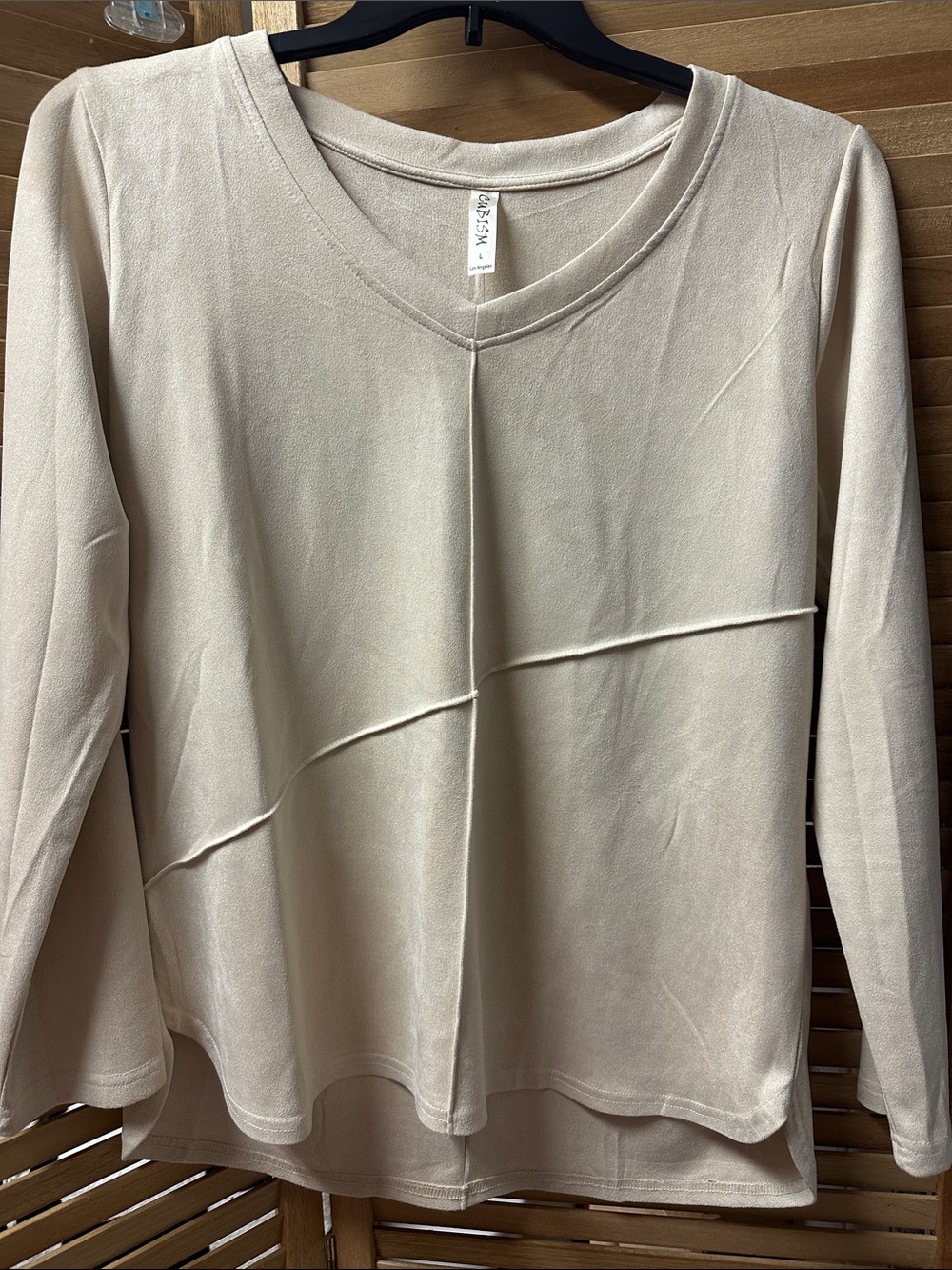 Long Sleeve V-Neck suede Top - Beige